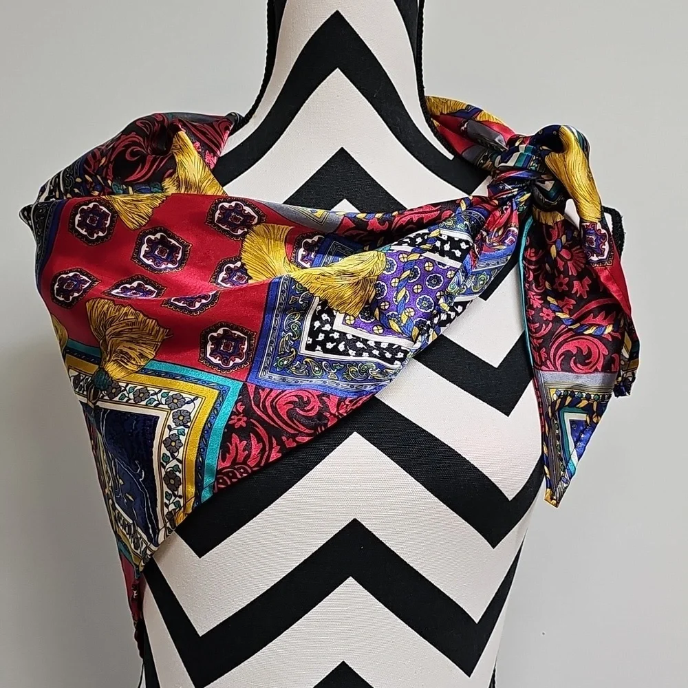 Vtg 90s Satin Baroque Triangle Scarf, Multicolor Tassle & Floral Print 54